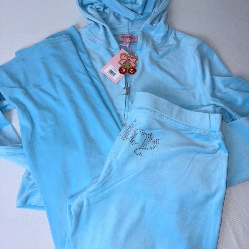 Juicy Couture Velour Tracksuit Set crystal Blue Rhinestone Logo Hoodie Pants L